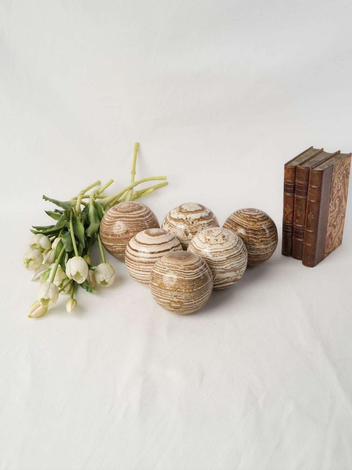 Set of Six Decorative Aragonite Spheres with Striking Natural Banding