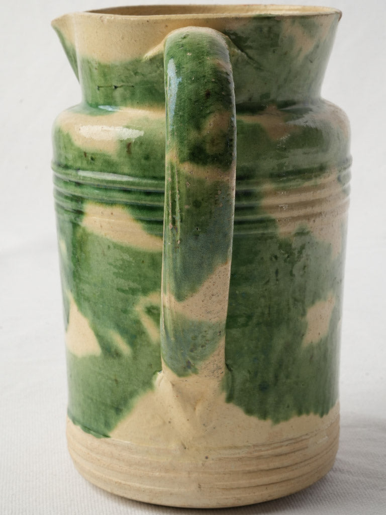 Early 20th Century Dieulefit Pottery Pitcher in Mottled Moss Green Glaze 8"