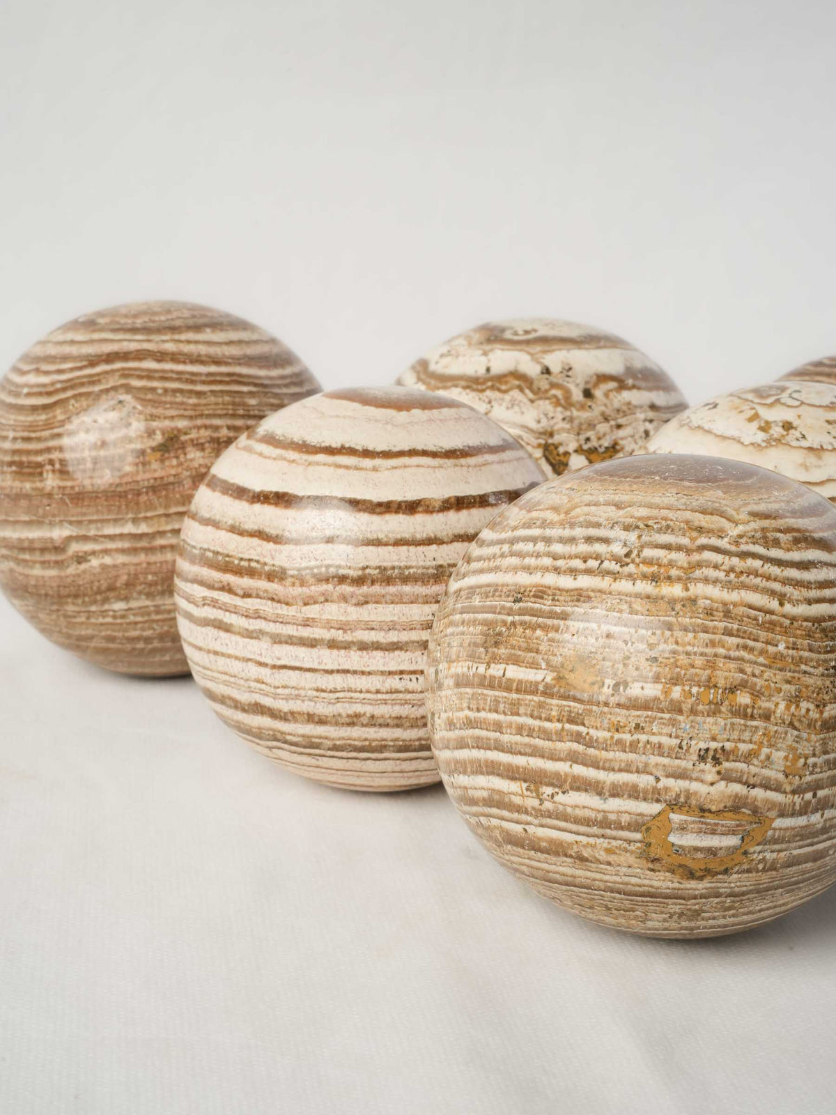 Set of Six Decorative Aragonite Spheres with Striking Natural Banding