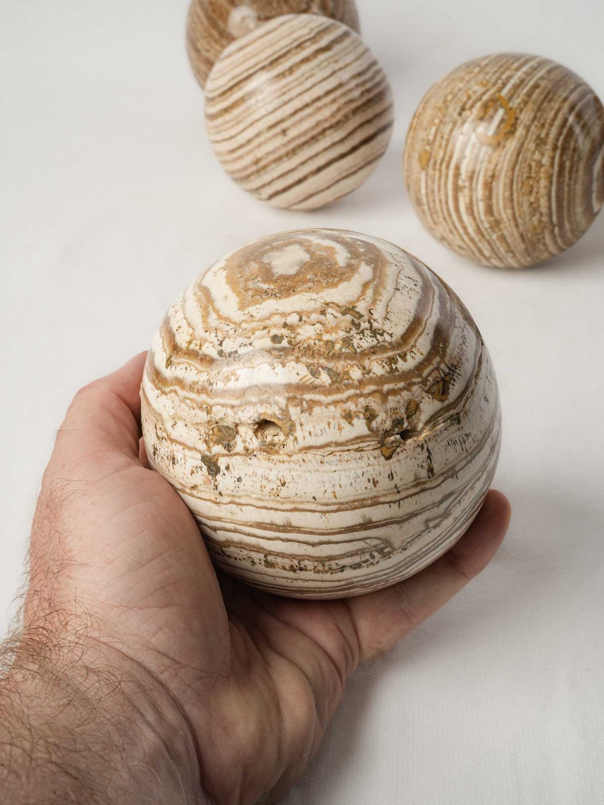 Set of Six Decorative Aragonite Spheres with Striking Natural Banding