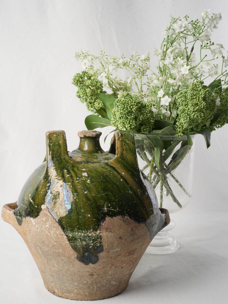 Sculptural French Antique Transport Gourd in Green-Glazed Terracotta - 11¾"