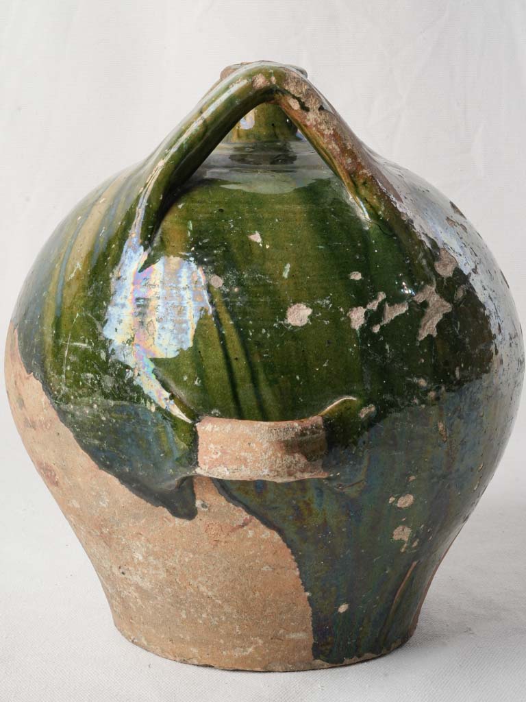 Sculptural French Antique Transport Gourd in Green-Glazed Terracotta - 11¾"