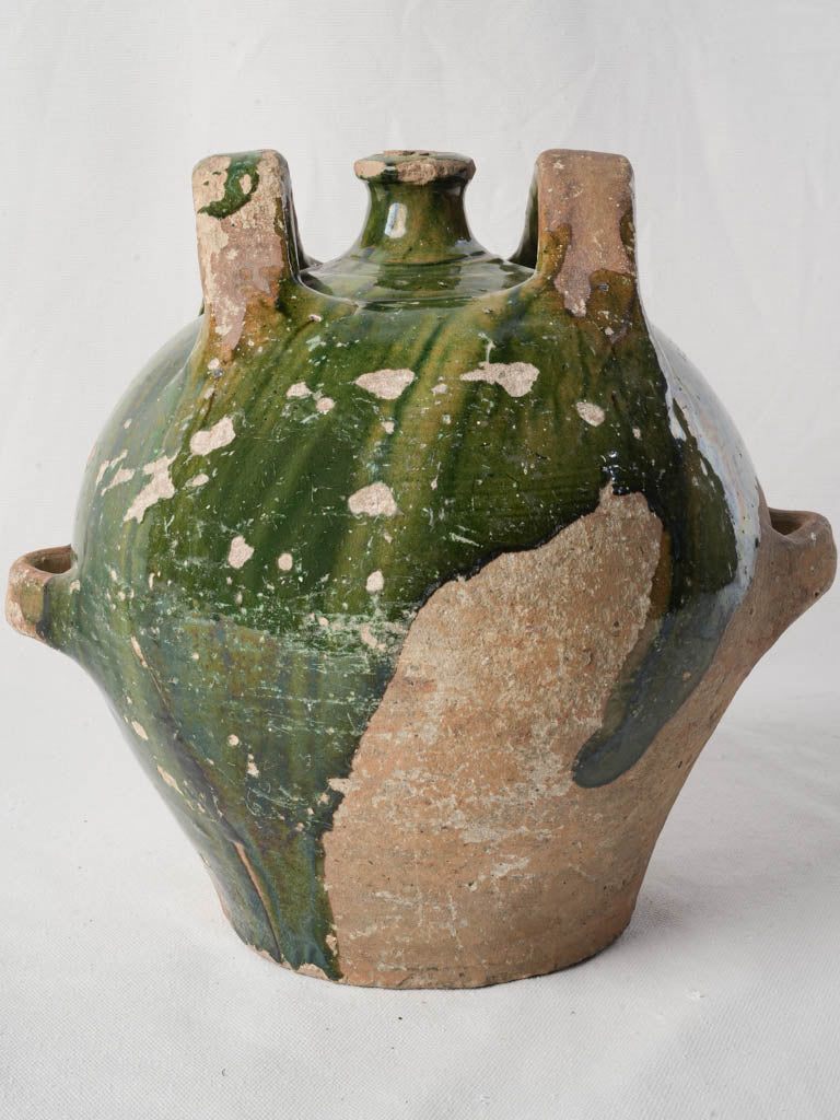 Sculptural French Antique Transport Gourd in Green-Glazed Terracotta - 11¾"