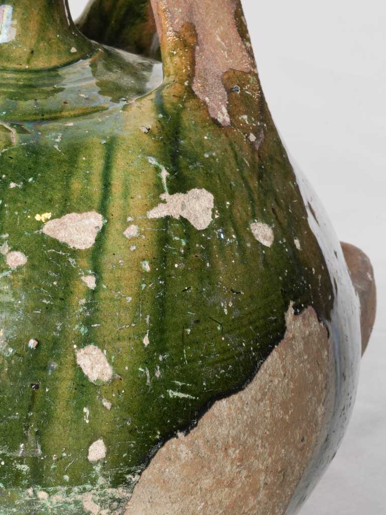 Sculptural French Antique Transport Gourd in Green-Glazed Terracotta - 11¾"