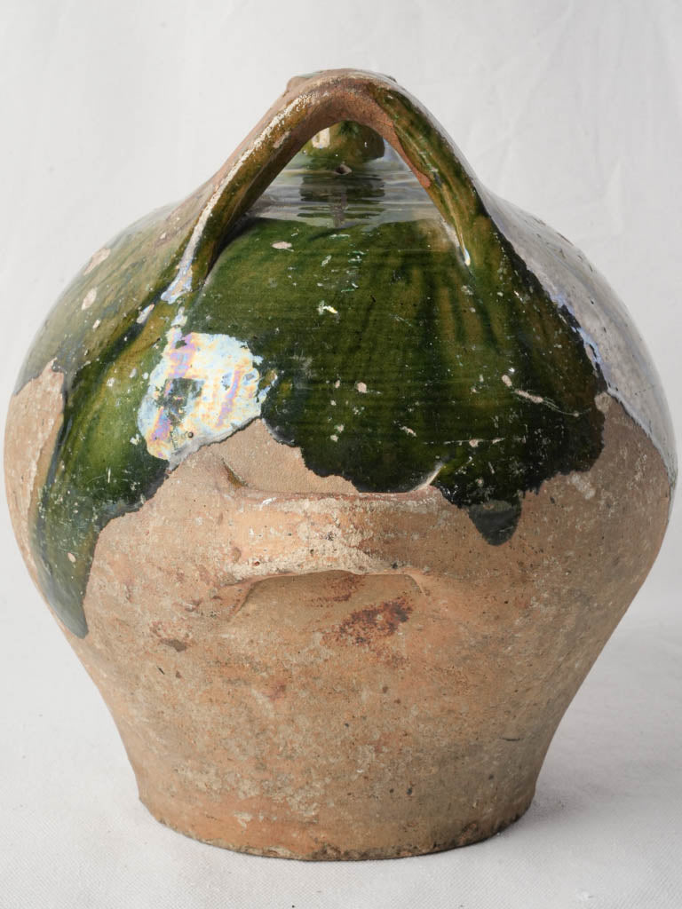 Sculptural French Antique Transport Gourd in Green-Glazed Terracotta - 11¾"