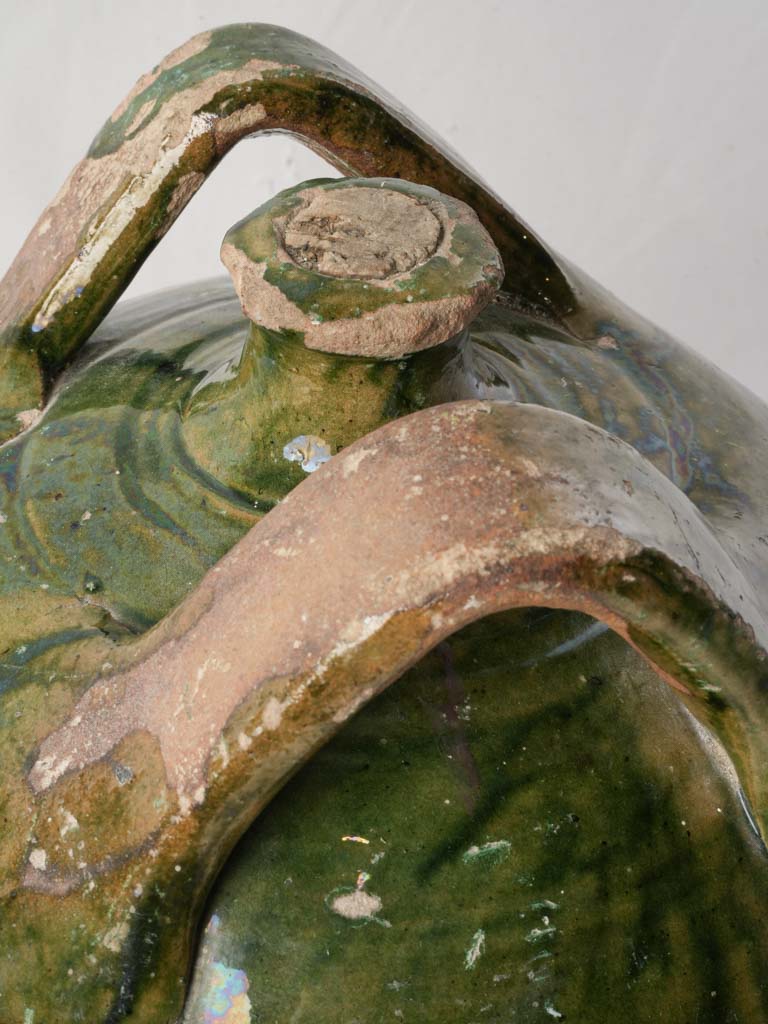 Sculptural French Antique Transport Gourd in Green-Glazed Terracotta - 11¾"
