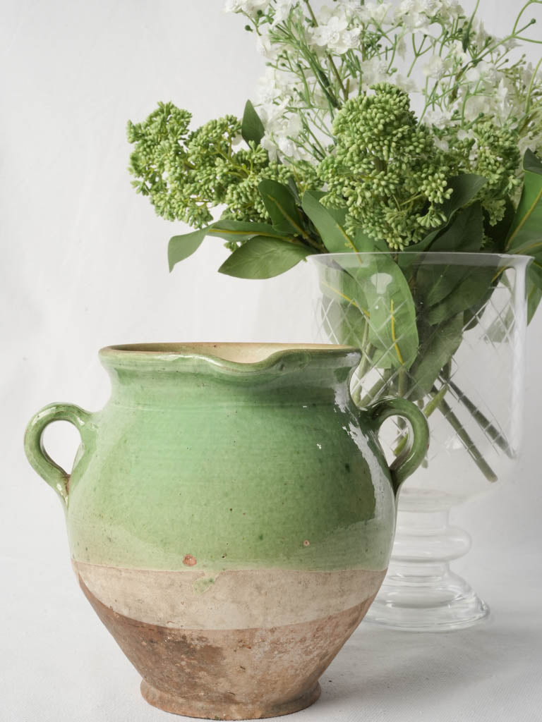 Antique Green Glazed Terracotta Confit Pot w/ Pouring Spout - 8"