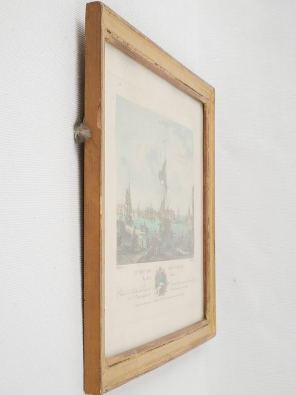 Weathered, antique, gilded, framed engraving