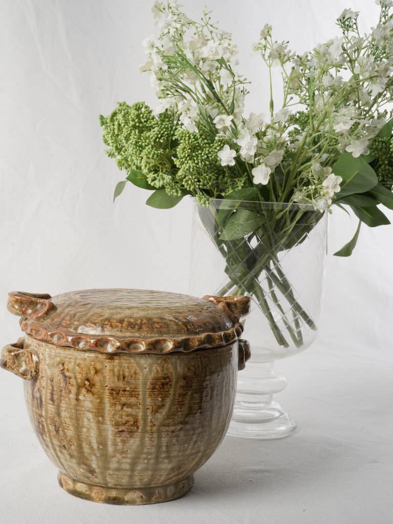 Antique Lidded Stoneware Pot w/ Glossy Honey & Brown Glaze Circa 1900 - 6¾"