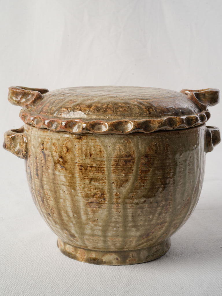 Antique Lidded Stoneware Pot w/ Glossy Honey & Brown Glaze Circa 1900 - 6¾"