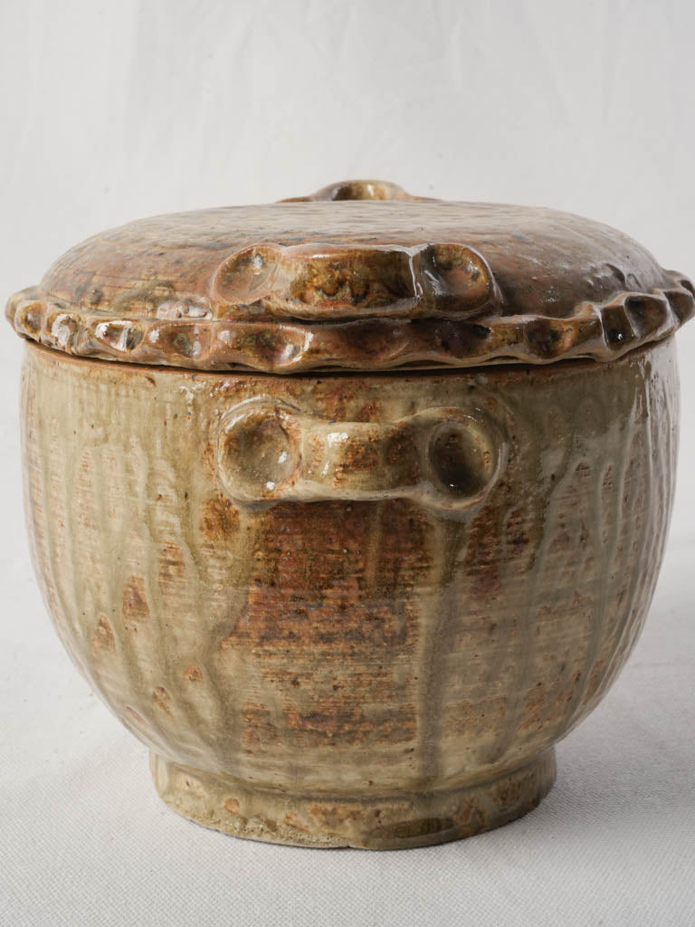Antique Lidded Stoneware Pot w/ Glossy Honey & Brown Glaze Circa 1900 - 6¾"