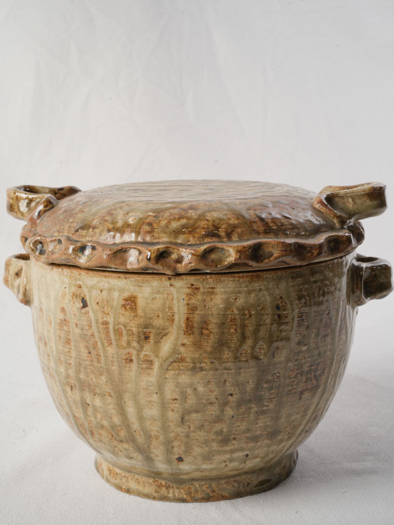 Antique Lidded Stoneware Pot w/ Glossy Honey & Brown Glaze Circa 1900 - 6¾"