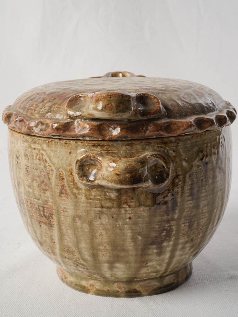 Antique Lidded Stoneware Pot w/ Glossy Honey & Brown Glaze Circa 1900 - 6¾"