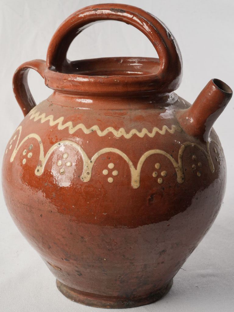 Large Antique Terracotta Water Jug w/ Cream Painted Decoration - 12½"