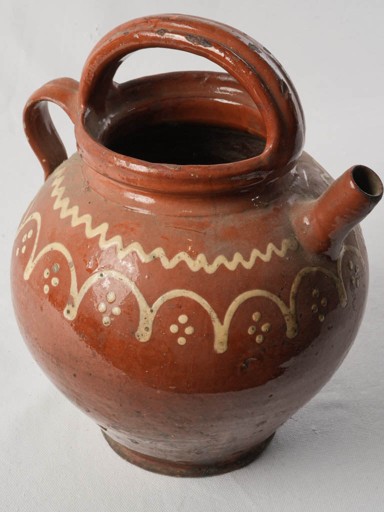 Large Antique Terracotta Water Jug w/ Cream Painted Decoration - 12½"
