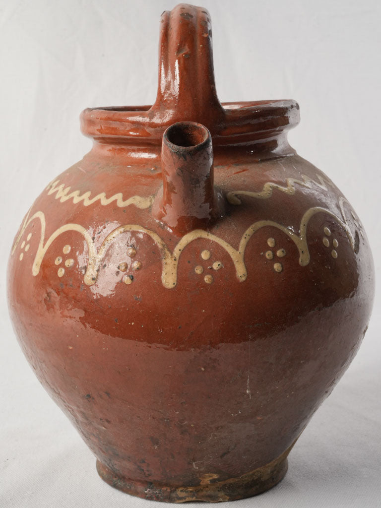 Large Antique Terracotta Water Jug w/ Cream Painted Decoration - 12½"
