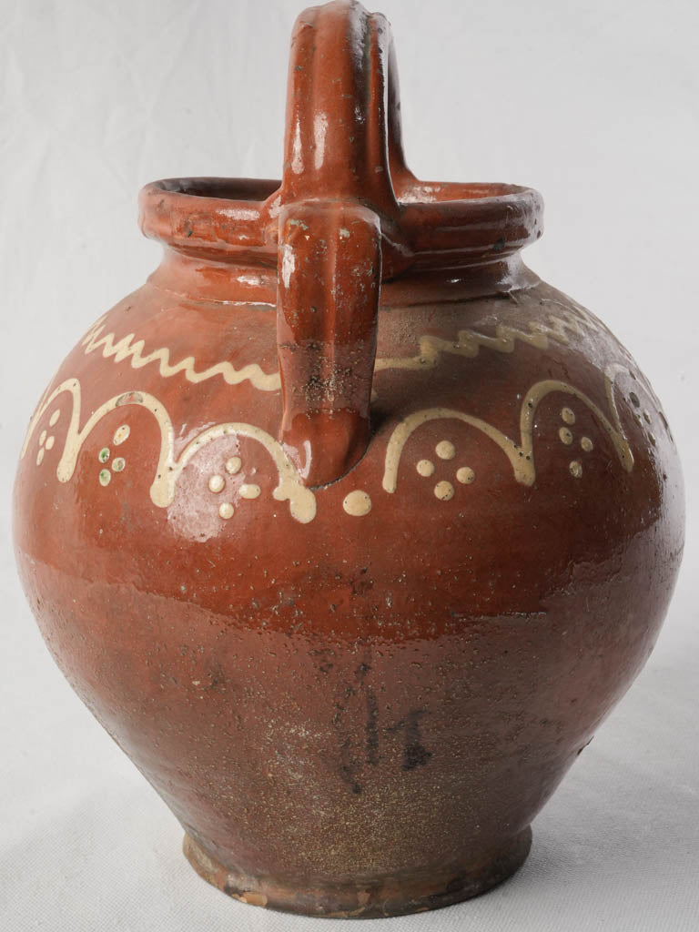 Large Antique Terracotta Water Jug w/ Cream Painted Decoration - 12½"