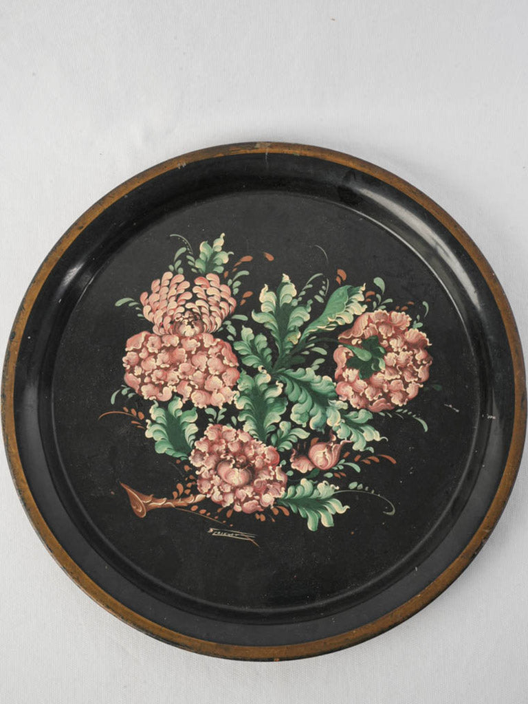 Early 20th Century French Circular Tole Tray w/ Hand-Painted Bouquet - 15¾"