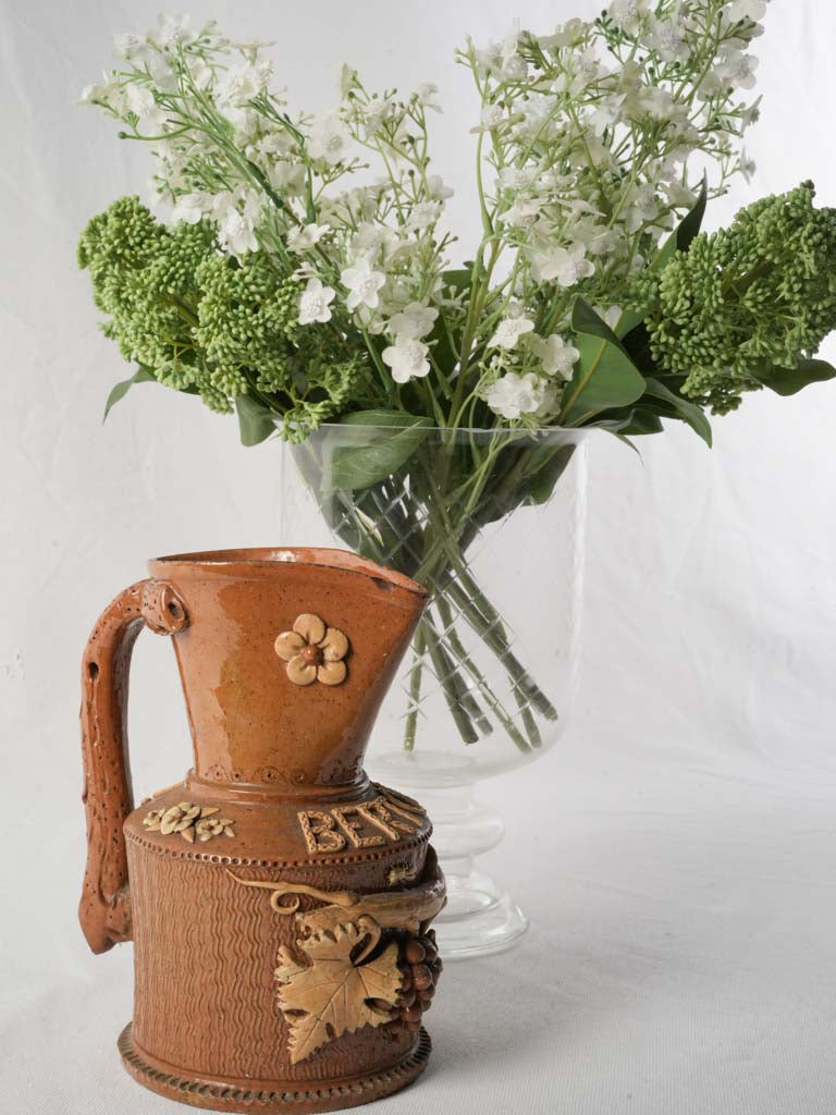 Exquisite Antique French Wine Pitcher w/ Trompe-l’œil Basketry & Barbotine Relief - 8"