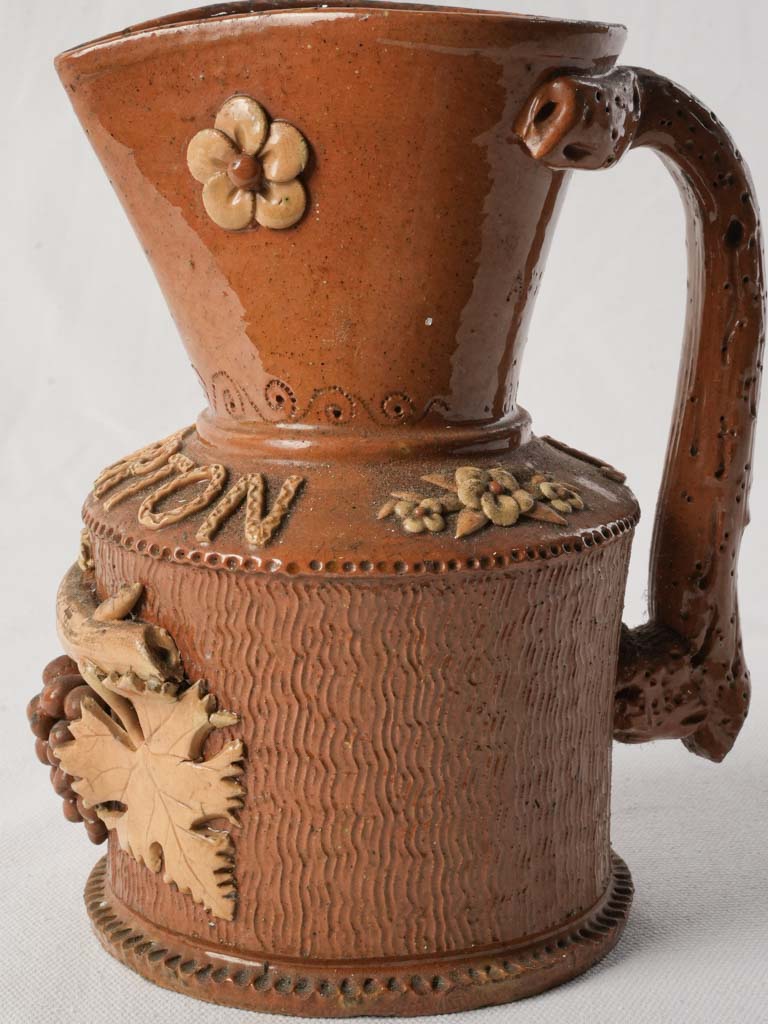 Exquisite Antique French Wine Pitcher w/ Trompe-l’œil Basketry & Barbotine Relief - 8"