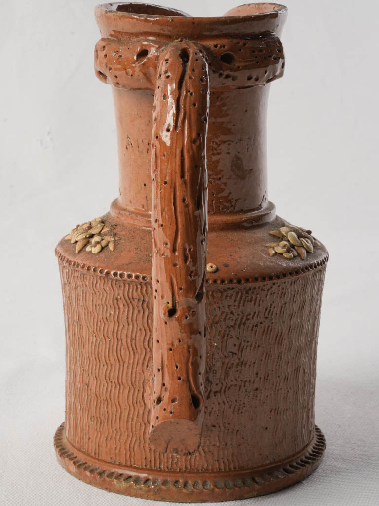 Exquisite Antique French Wine Pitcher w/ Trompe-l’œil Basketry & Barbotine Relief - 8"