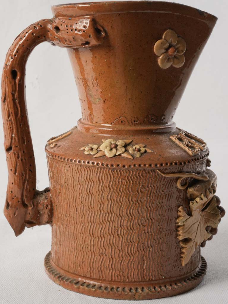 Exquisite Antique French Wine Pitcher w/ Trompe-l’œil Basketry & Barbotine Relief - 8"
