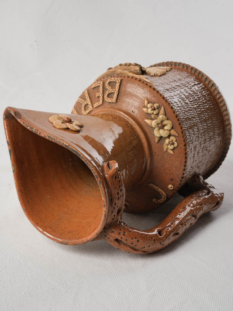 Exquisite Antique French Wine Pitcher w/ Trompe-l’œil Basketry & Barbotine Relief - 8"