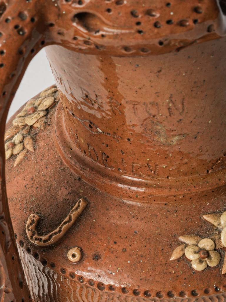 Exquisite Antique French Wine Pitcher w/ Trompe-l’œil Basketry & Barbotine Relief - 8"