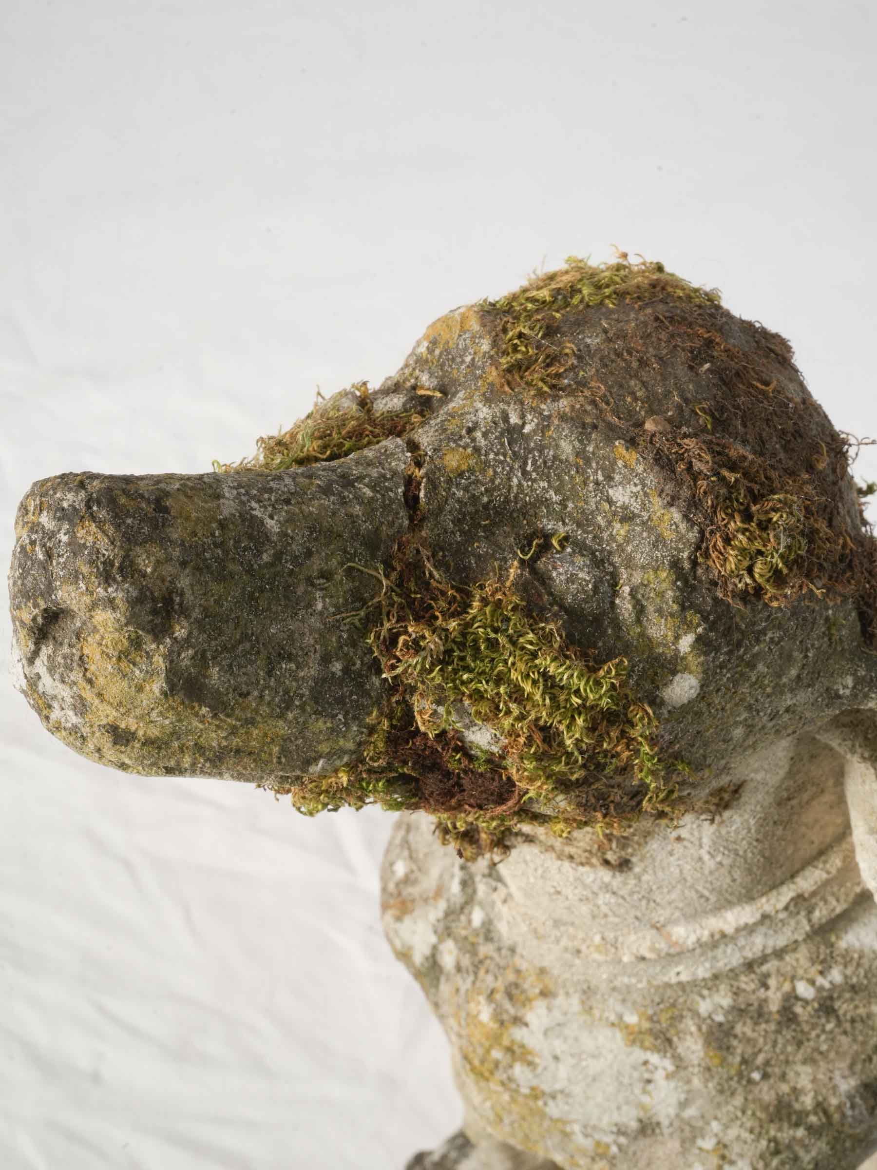 Moss-softened decorative dog statue  