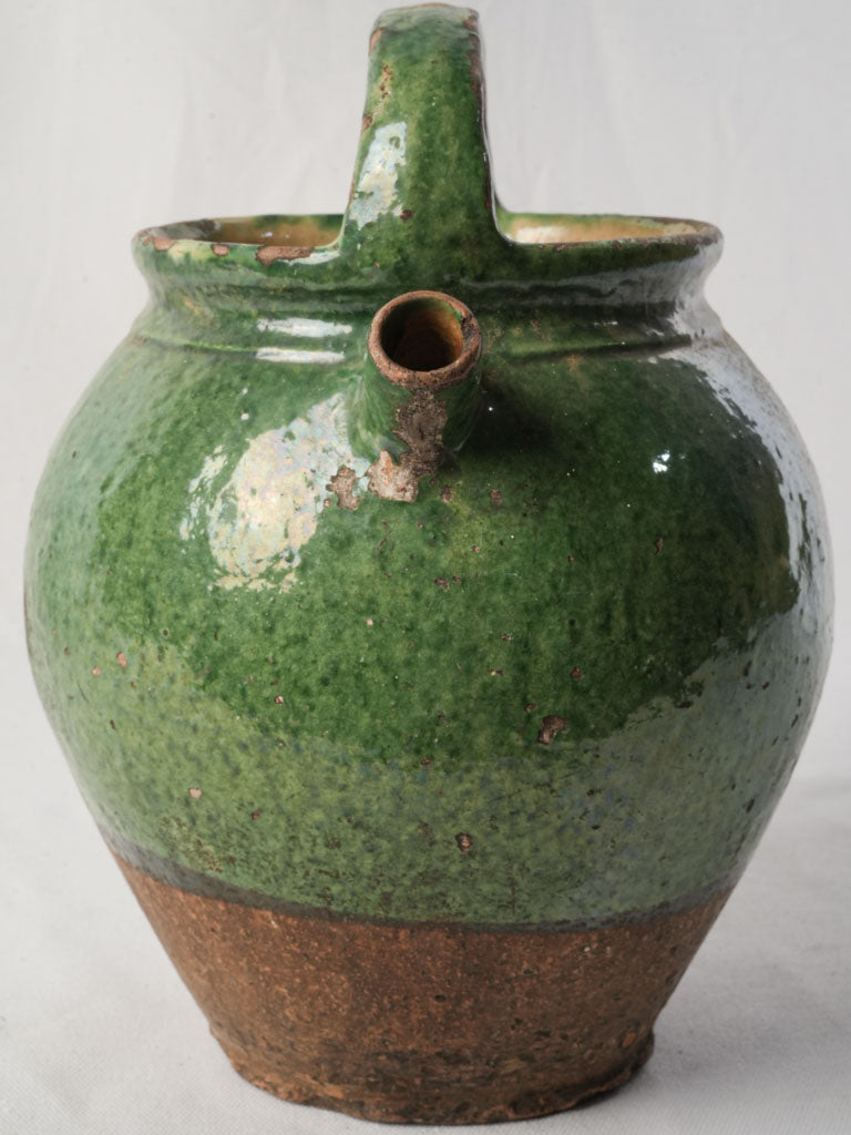 Green-Glazed Terracotta Water Jug w/ Double Handle Circa 1900 - 11½"