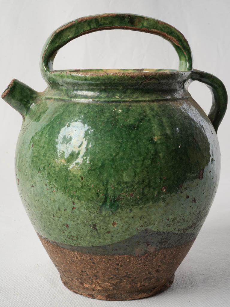 Green-Glazed Terracotta Water Jug w/ Double Handle Circa 1900 - 11½"