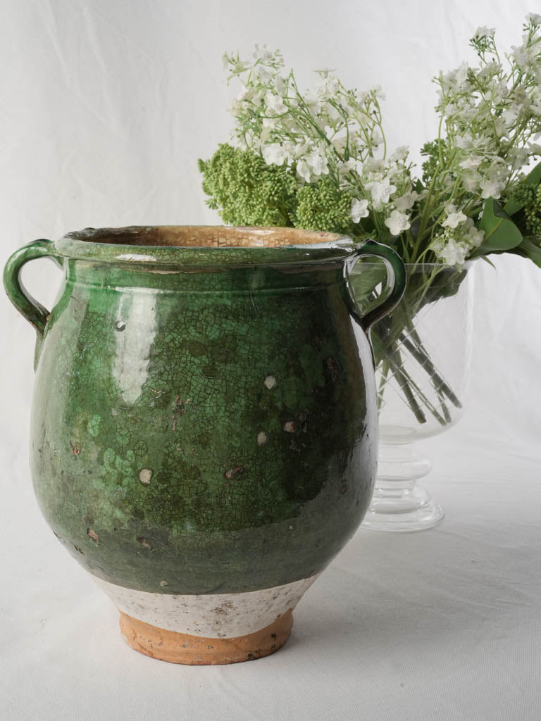 Beautiful Substantial French Confit Pot w/ Crackled Green Glaze - 11¾"