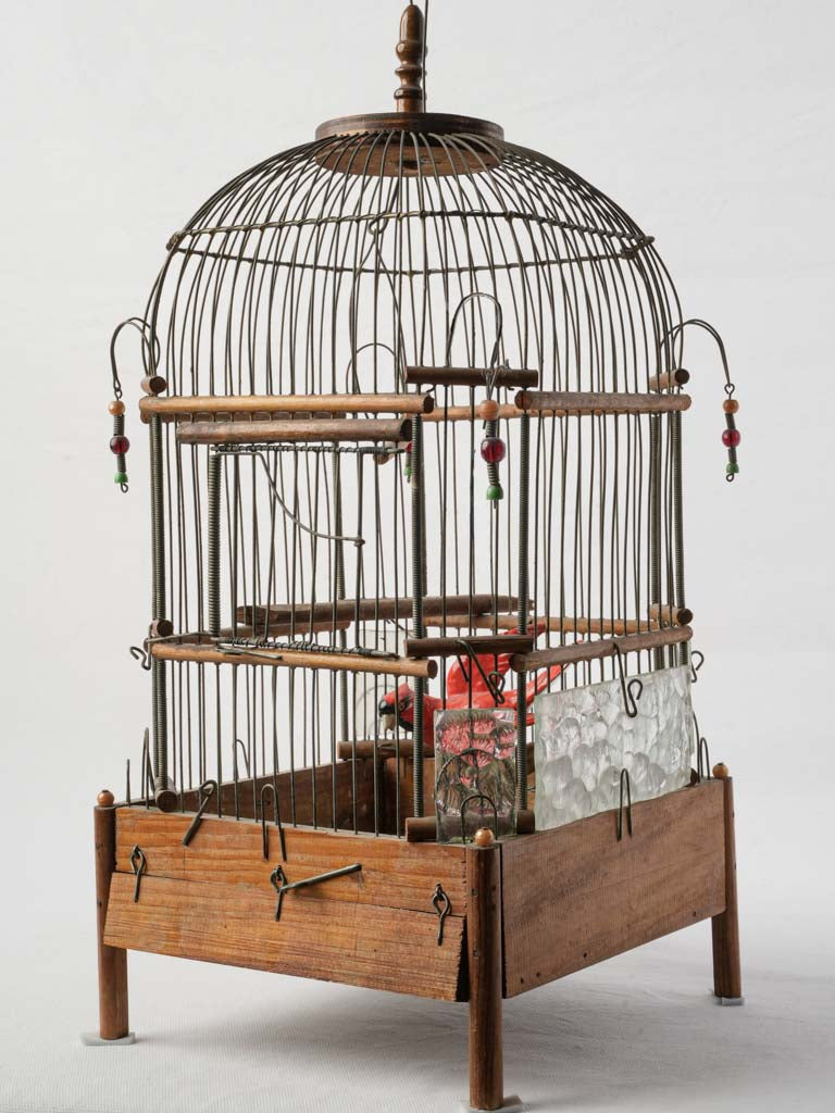 Petite French Wood And Iron Birdcage W/ Ceramic Cardinal Bird Circa 1900 - 22"