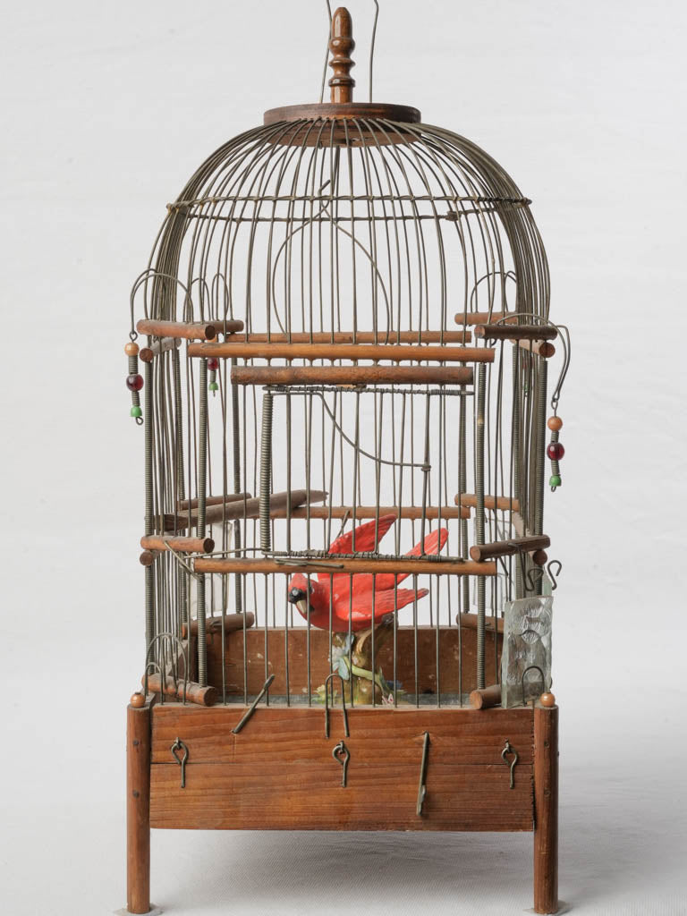 Petite French Wood And Iron Birdcage W/ Ceramic Cardinal Bird Circa 1900 - 22"