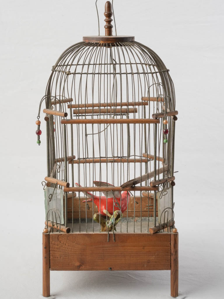 Petite French Wood And Iron Birdcage W/ Ceramic Cardinal Bird Circa 1900 - 22"