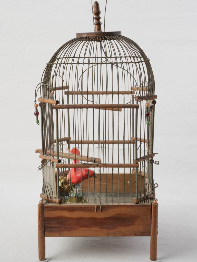 Petite French Wood And Iron Birdcage W/ Ceramic Cardinal Bird Circa 1900 - 22"