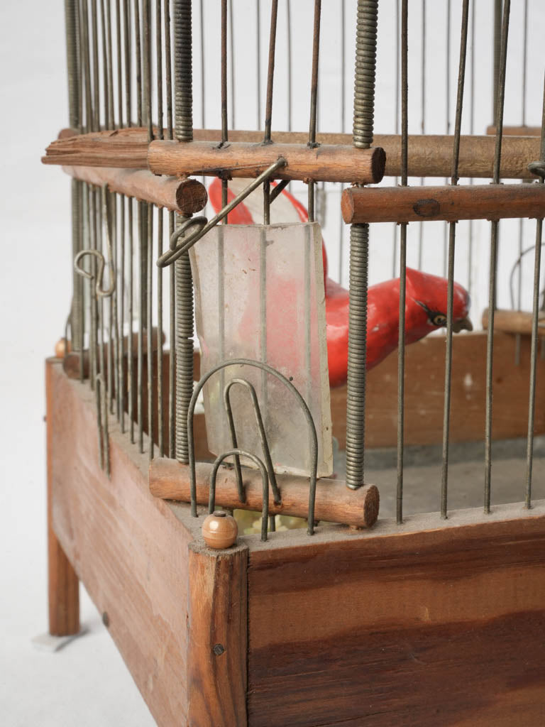 Petite French Wood And Iron Birdcage W/ Ceramic Cardinal Bird Circa 1900 - 22"