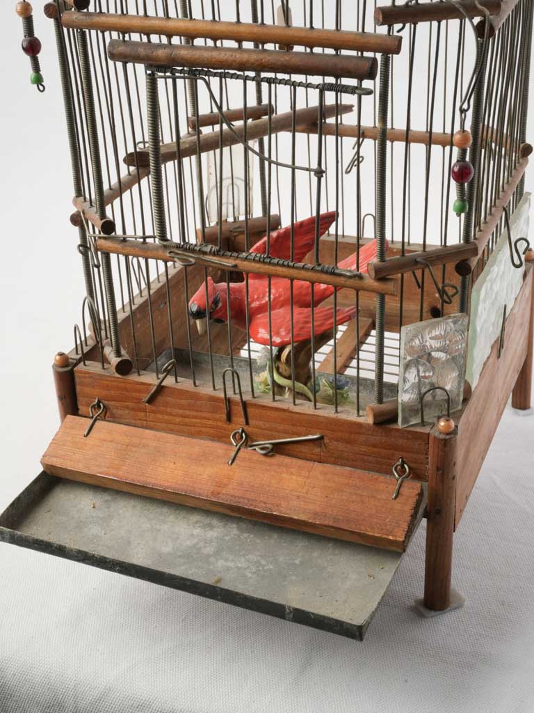 Petite French Wood And Iron Birdcage W/ Ceramic Cardinal Bird Circa 1900 - 22"