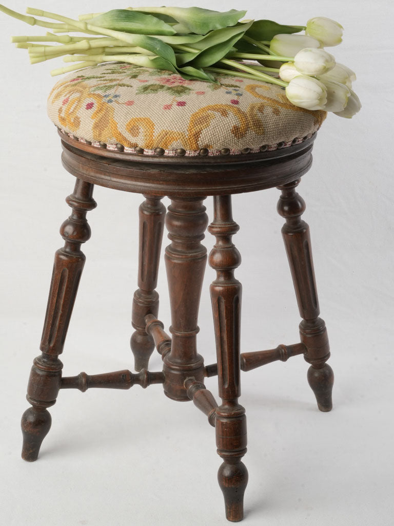 Late 19th Century  Adjustable Music Stool W/ Needlepoint Seat- 20"