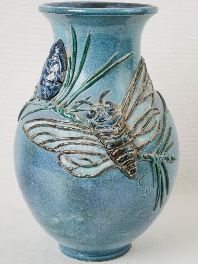 Deep Blue Ceramic Vase with Cicada Motif by Lucie Sauvegrain - 14½"