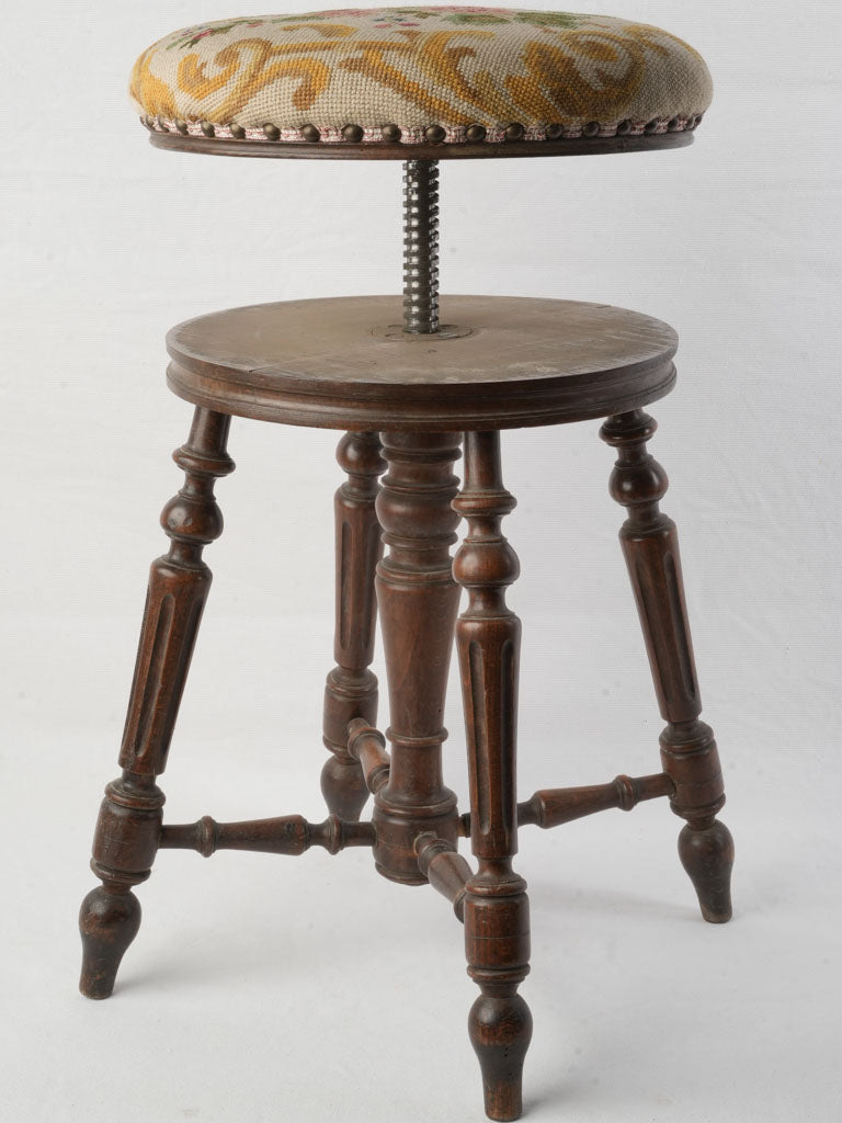 Late 19th Century  Adjustable Music Stool W/ Needlepoint Seat- 20"