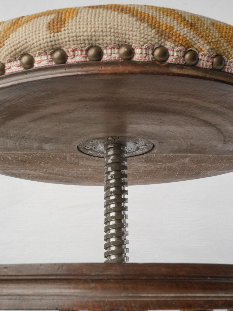 Late 19th Century  Adjustable Music Stool W/ Needlepoint Seat- 20"