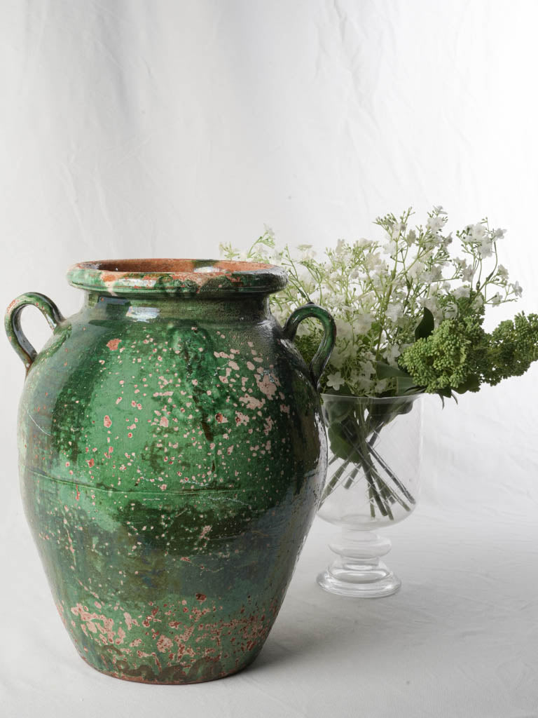 Large 19th-Century Terracotta Storage Jar w/ Deep Green Glaze - 14¼"
