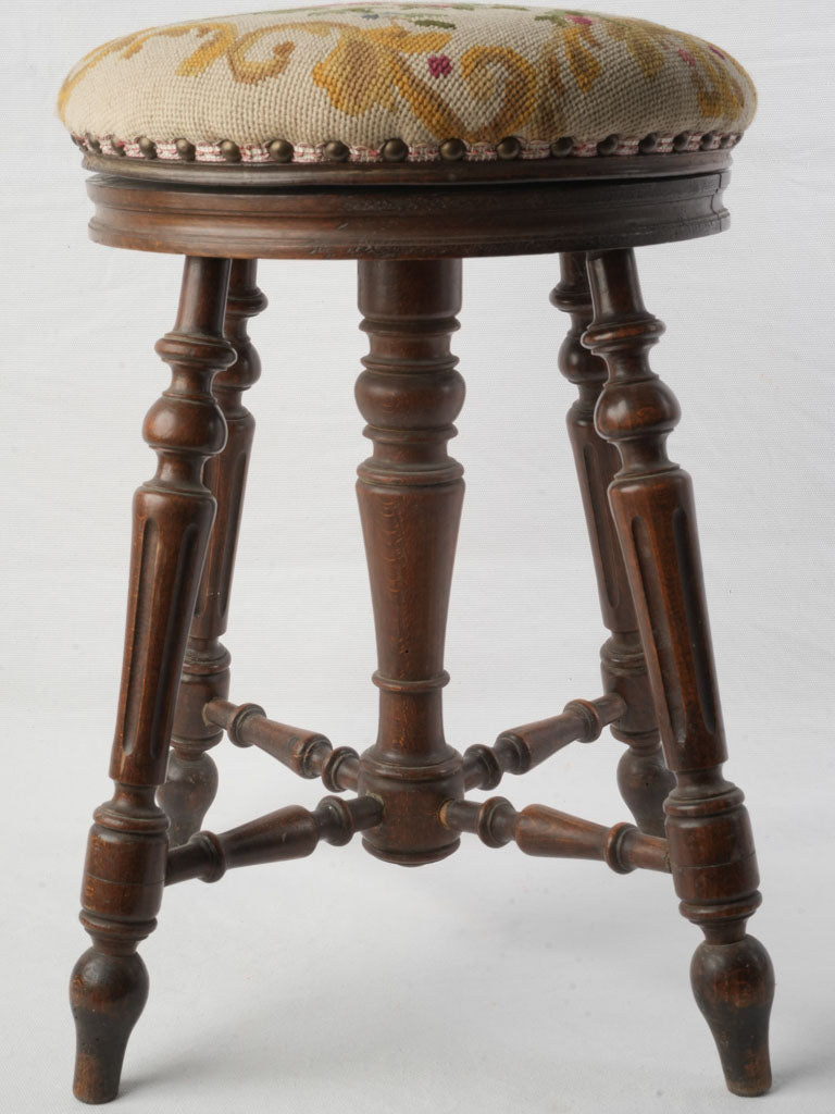 Late 19th Century  Adjustable Music Stool W/ Needlepoint Seat- 20"