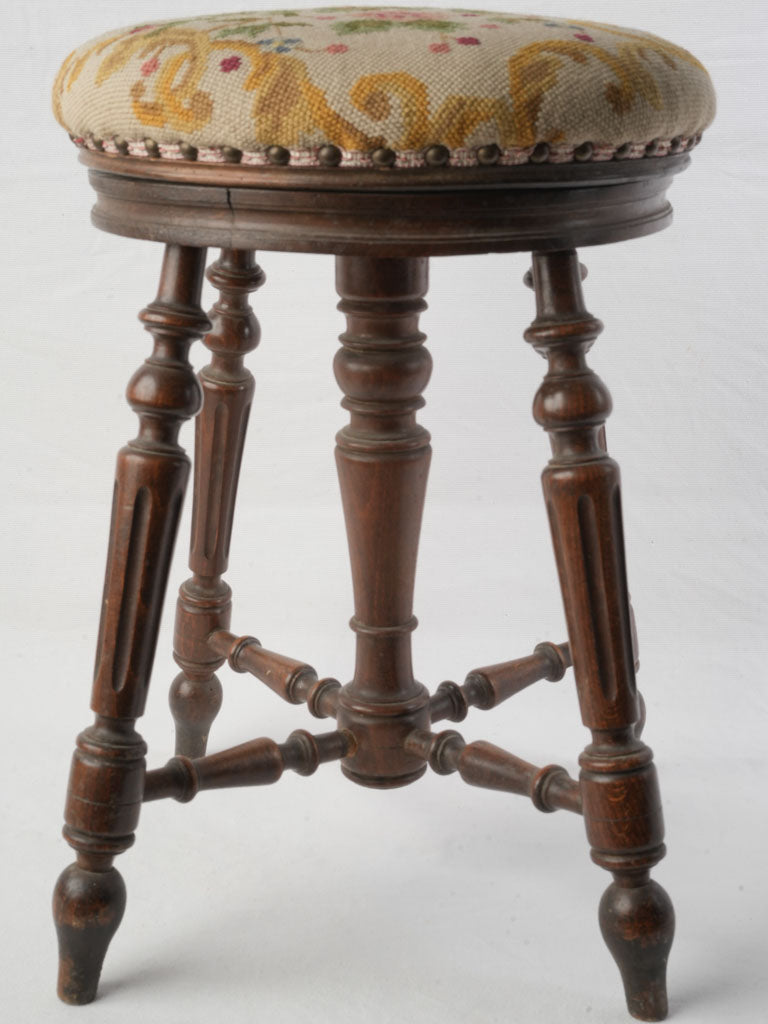 Late 19th Century  Adjustable Music Stool W/ Needlepoint Seat- 20"