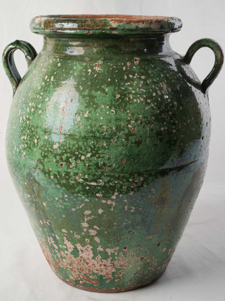 Large 19th-Century Terracotta Storage Jar w/ Deep Green Glaze - 14¼"