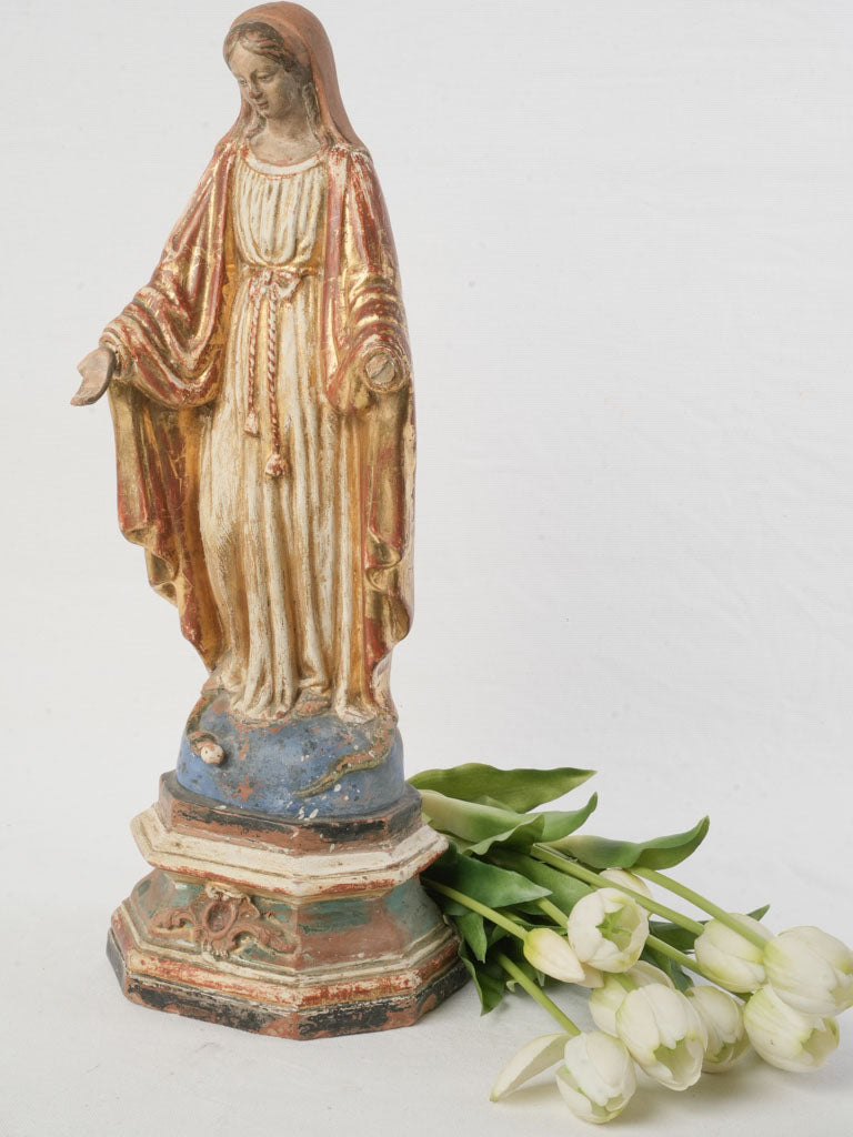Late 19th Century Polychrome and Gilt Terracotta Virgin Bearing Votive Loss - 19¼"