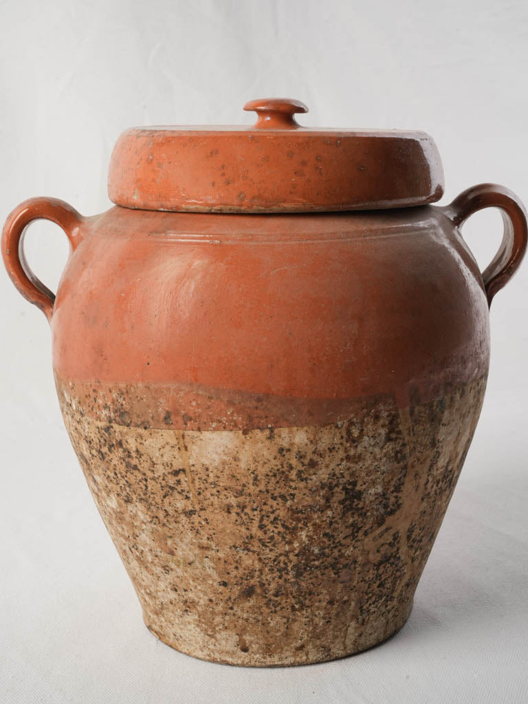 Antique French Confit Pot w/ Rare Surviving Lid and Warm Orange Glaze - 12½"