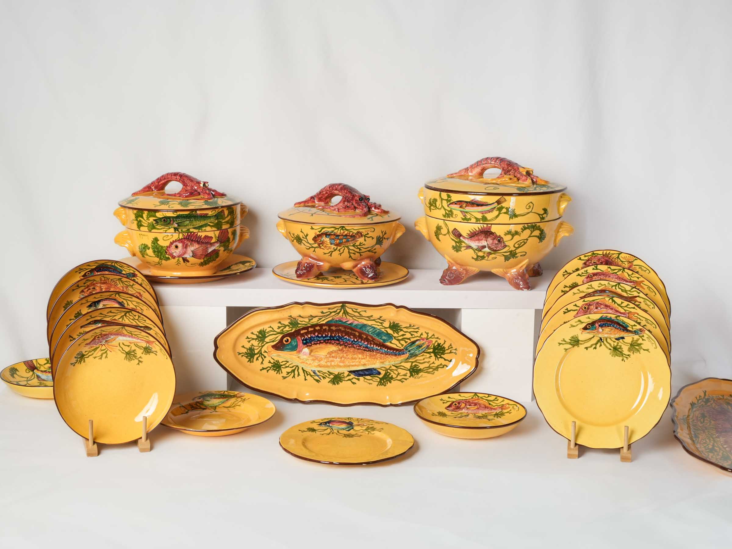 Remarkable 49-Piece Bouillabaisse Service in Hand-Painted Earthenware, 1960s