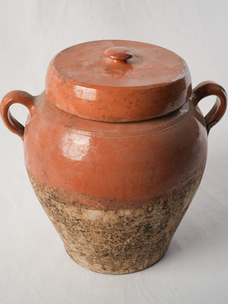Antique French Confit Pot w/ Rare Surviving Lid and Warm Orange Glaze - 12½"